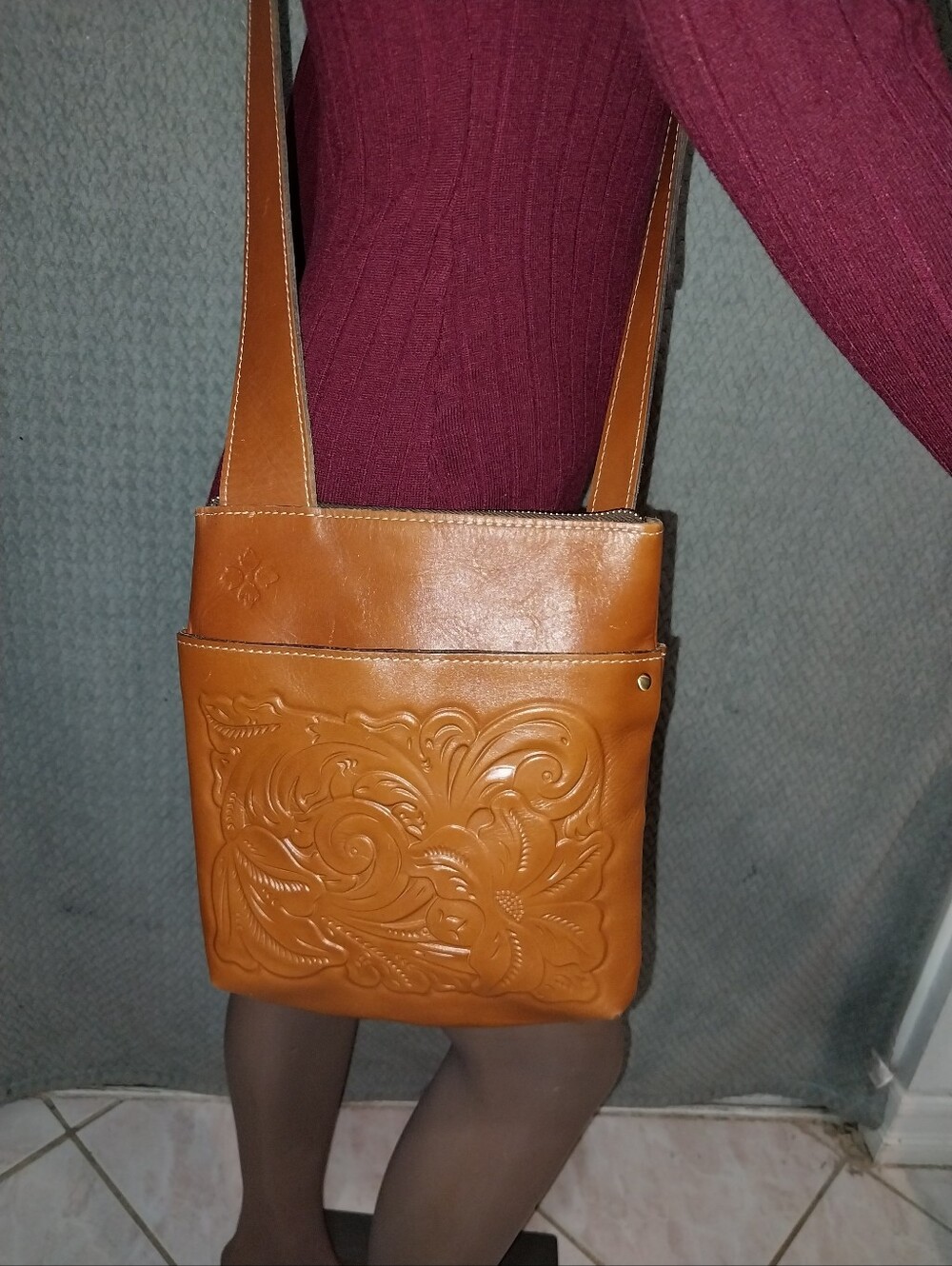 Patricia Nash Brown Leather Floral Embossed Crossbody Bag.